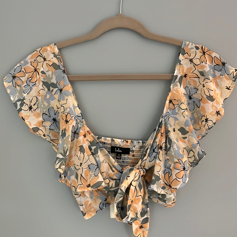 Lulus Bloom Baby Bloom Cream Multi Floral Print Tie-Front Crop Top Size Small